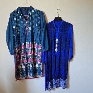 Embroidered Teal & Royal Blue Kurta Set with Floral Detail